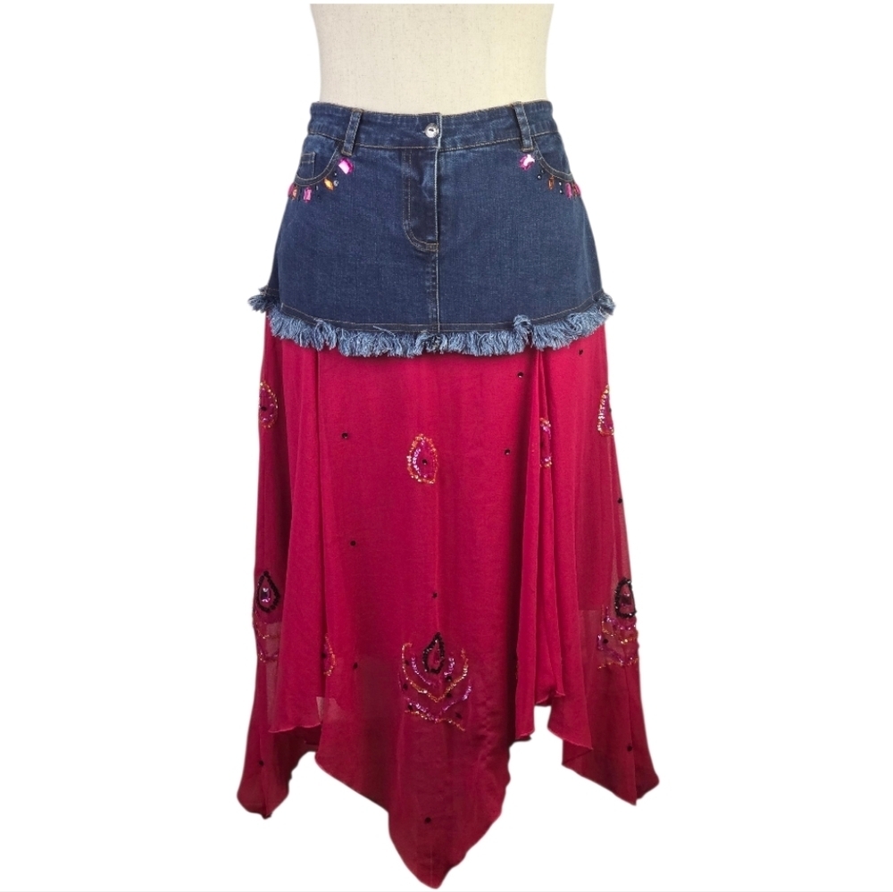 Vintage Metrostyle Denim & Geranium Pink Handkerchief Hem Maxi Skirt 12